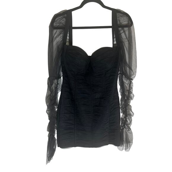 Donnée Par Dieu Women's Sheer Sleeve Ruched Mini Dress Black Elegant Partywear M - Picture 1 of 16